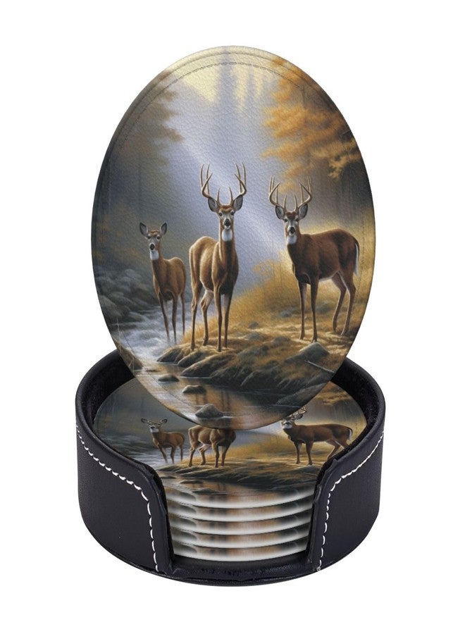 AIMASTZ Animal World Wildlife River Edge Deers Drinks Coasters With Holder, Suitable For Kinds Of Cups, Set Of 6 - Image 1